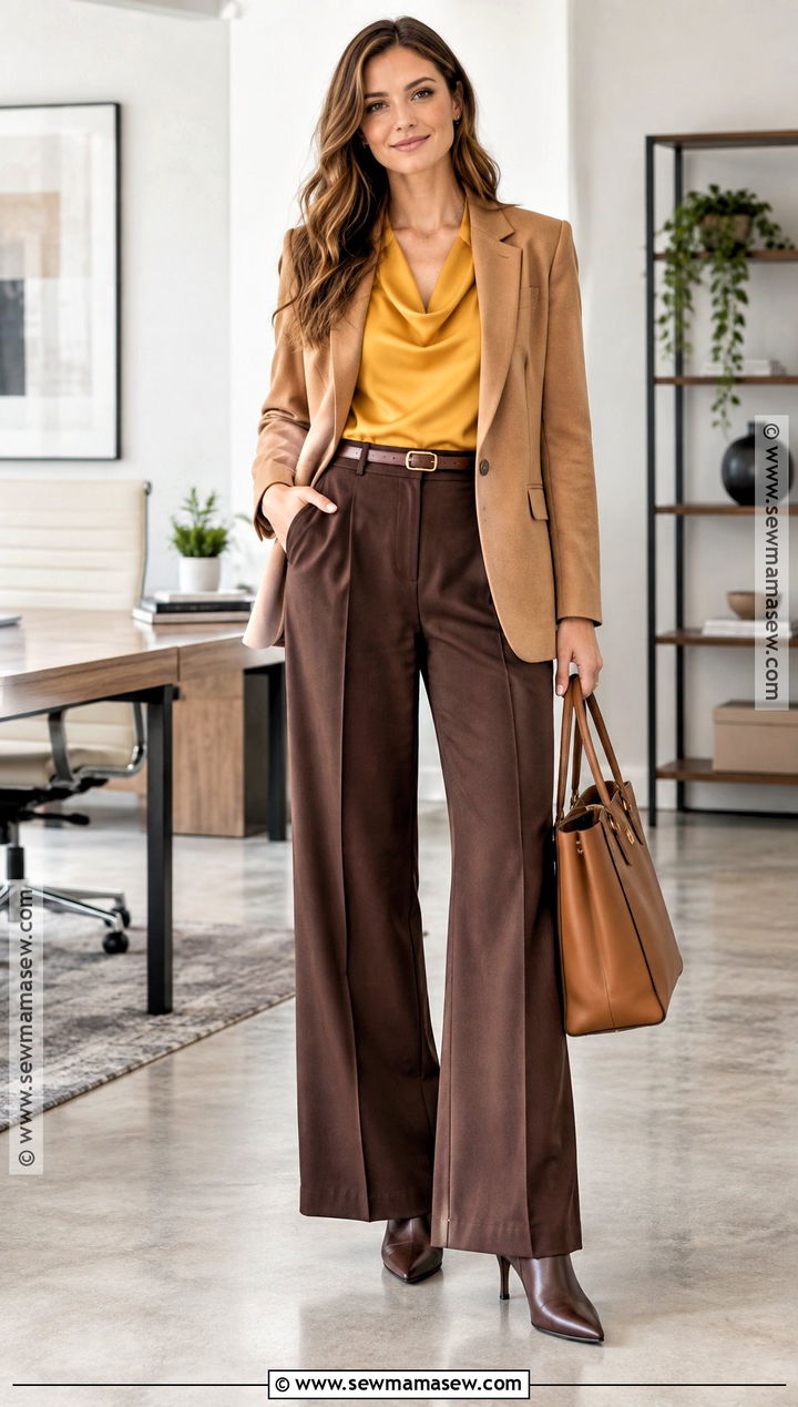 Yellow Blouse With Brown Wide Leg Pants - 20 Yellow Fall Outfits