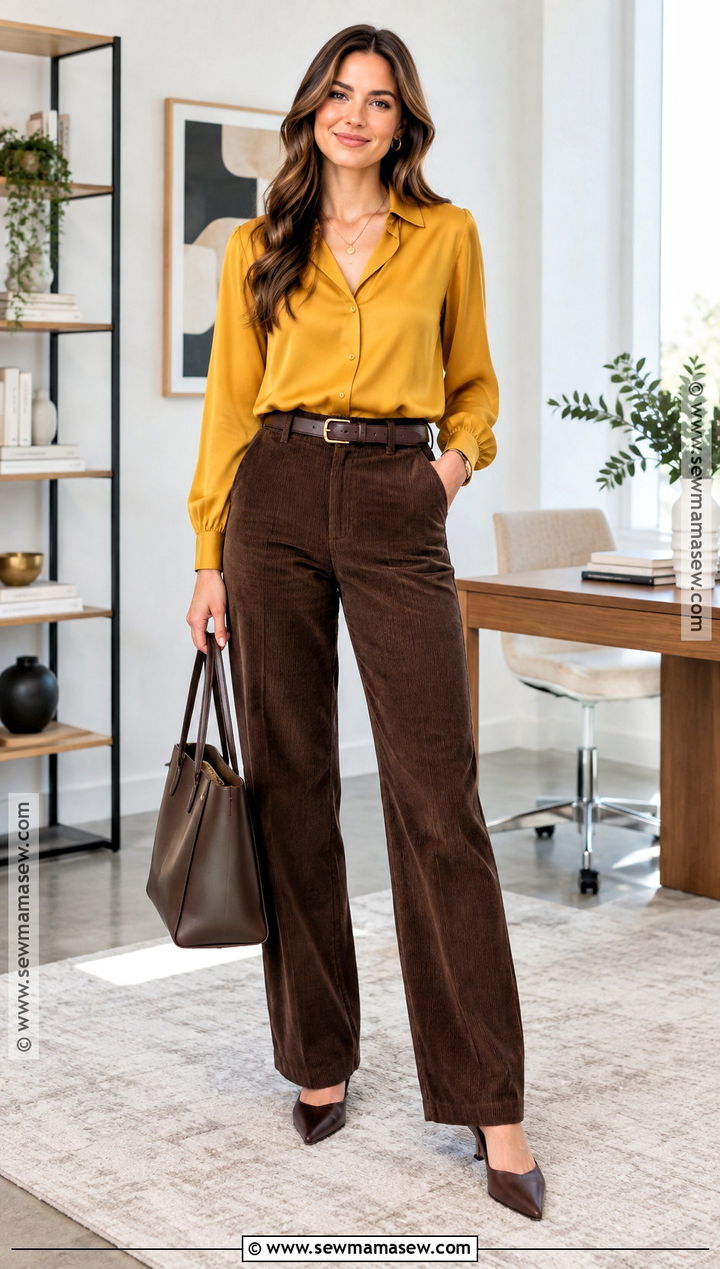 Yellow Blouse With Corduroy Pants And Flats - 15 yellow fall fashion ideas