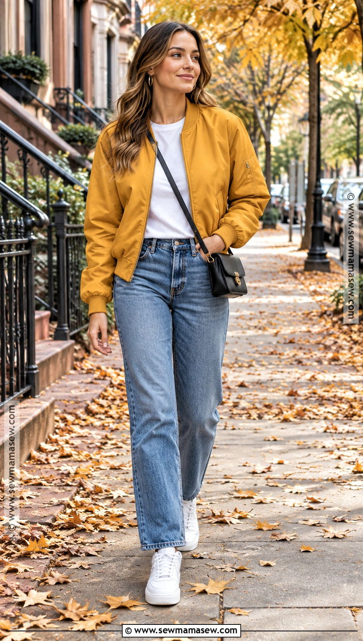 Yellow Bomber Jacket With Straight Leg Jeans - 15 autumn yellow jacket ideas