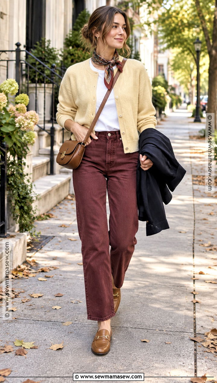 Yellow Cardigan And Burgundy Jeans Outfit - 15 Colorful Autumn Clothing Ideas