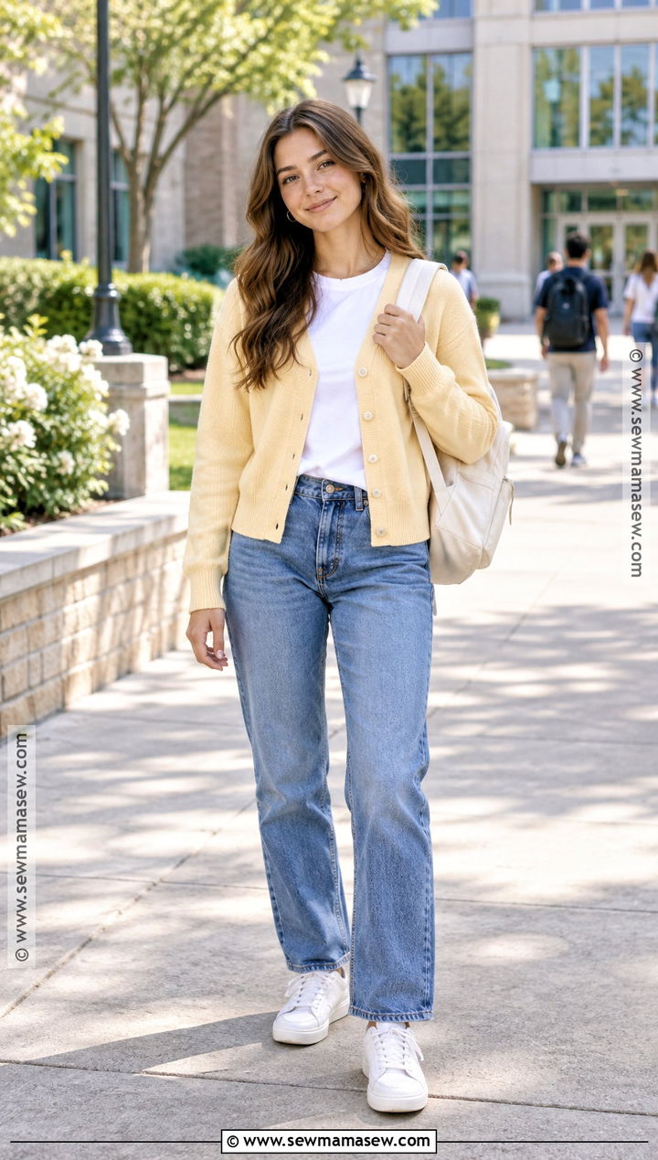 Yellow Cardigan And Straight Leg Jeans Outfit - 15 yellow back to school outfits