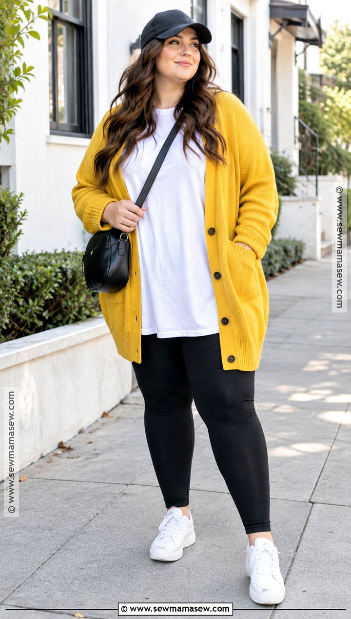 Yellow Cardigan With Black Leggings And Trainers - 15 autumn yellow cardigan style ideas