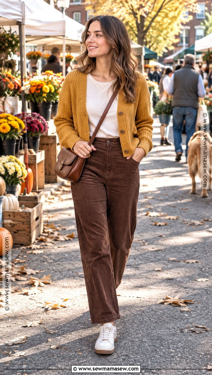 Yellow Cardigan With Brown Corduroy Pants And Sneakers - 15 autumn yellow cardigan style ideas
