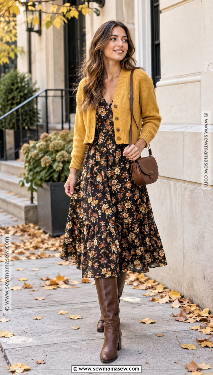 Yellow Cardigan With Floral Midi Dress And Knee Boots - 15 autumn yellow cardigan style ideas