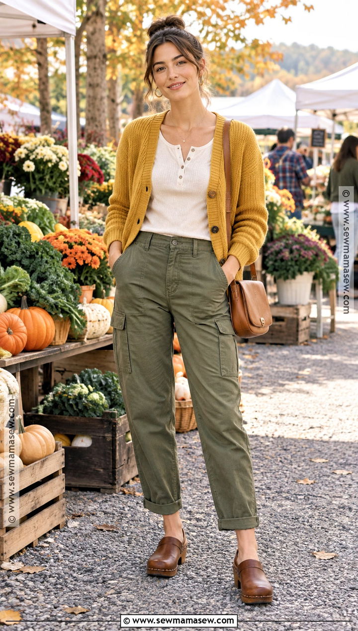Yellow Cardigan With Olive Utility Pants And Clogs - 15 autumn yellow cardigan style ideas