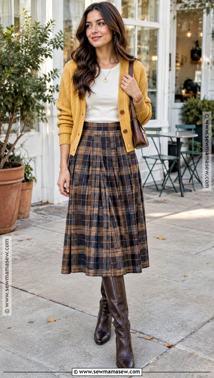 Yellow Cardigan With Plaid Midi Skirt - 15 Yellow Fall Outfit Ideas