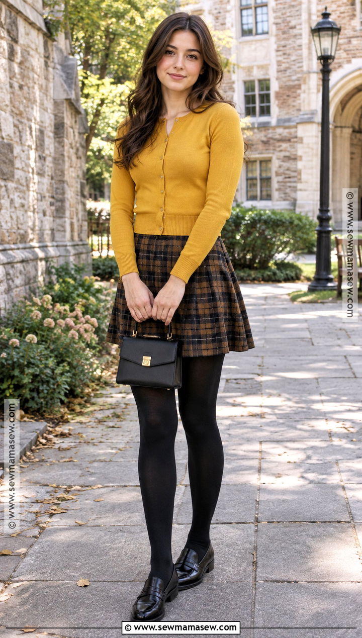 Yellow Cardigan With Plaid Skirt And Tights - 15 autumn yellow cardigan style ideas