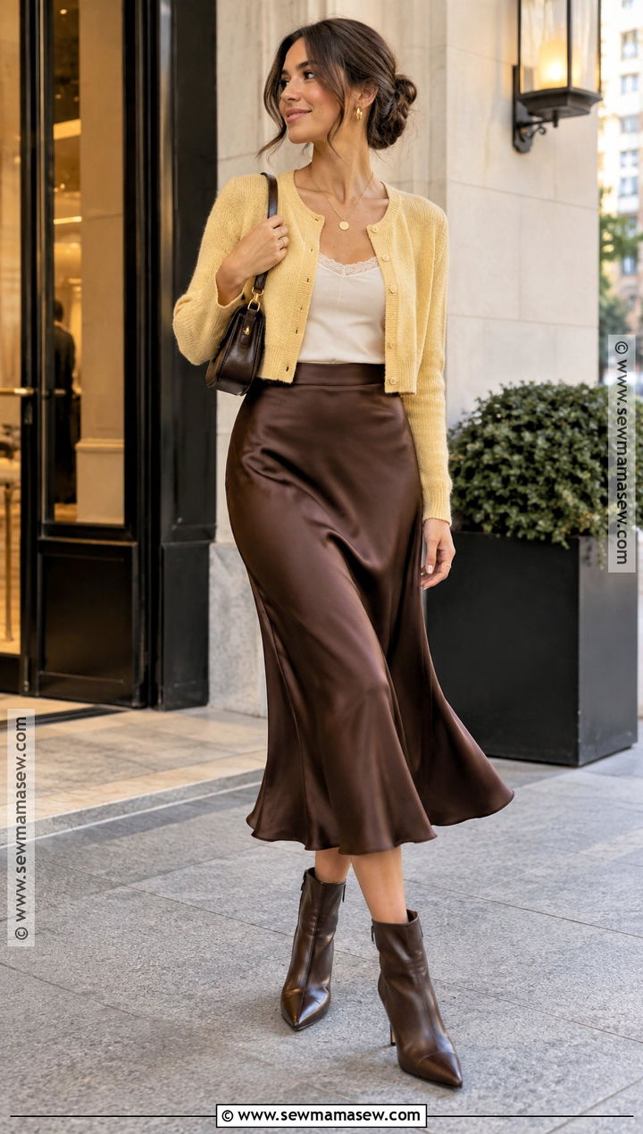 Yellow Cardigan With Satin Midi Skirt And Ankle Boots - 15 autumn yellow cardigan style ideas