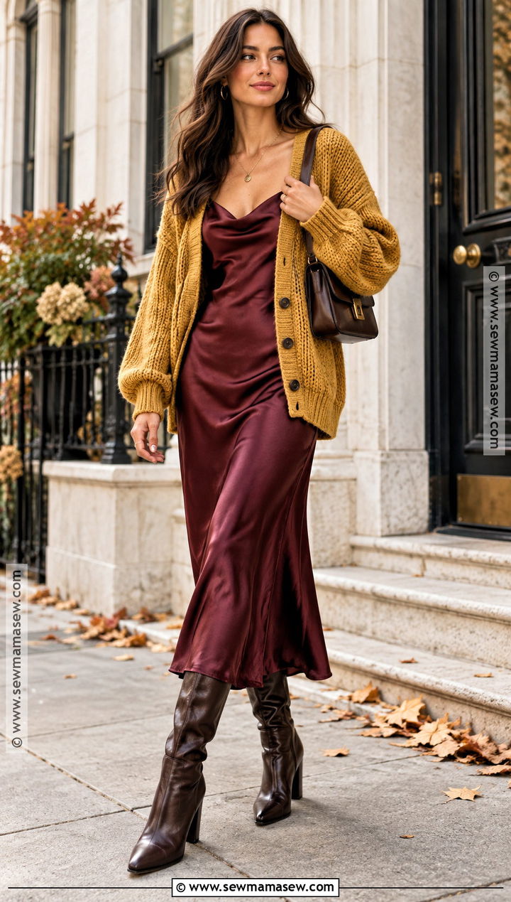 Yellow Cardigan With Slip Dress And Leather Boots - 15 autumn yellow cardigan style ideas