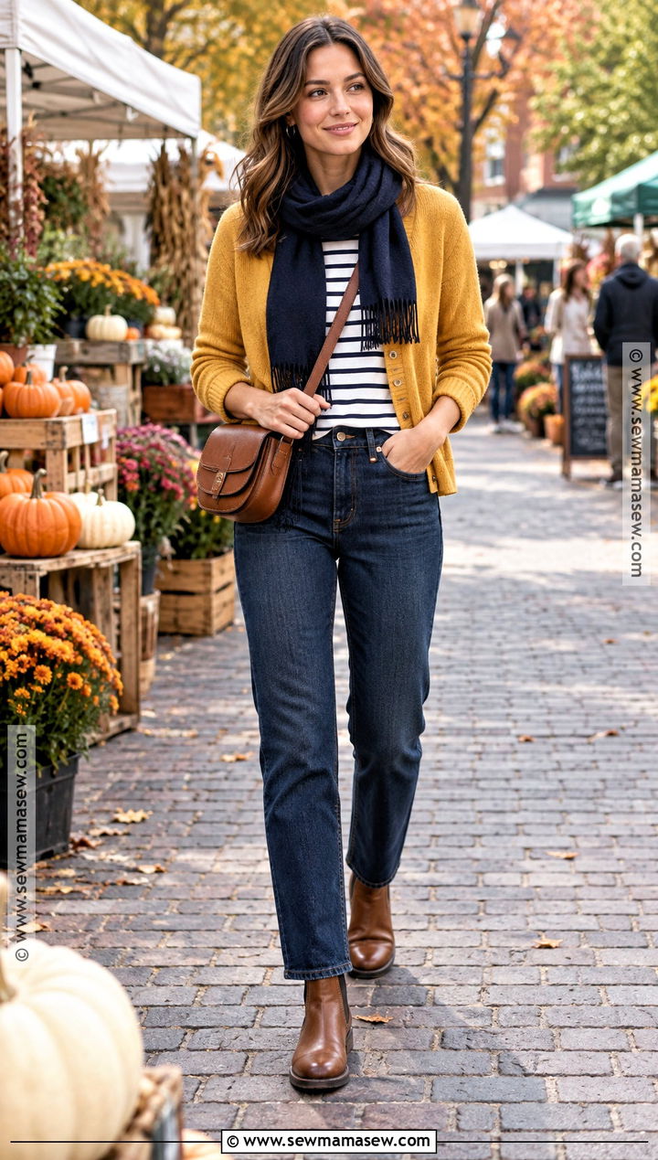 Yellow Cardigan With Striped Tee And Dark Jeans - 15 Autumn Yellow Sweater Ideas