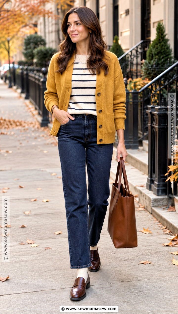 Yellow Cardigan With Striped Top And Dark Jeans - 15 autumn yellow cardigan style ideas