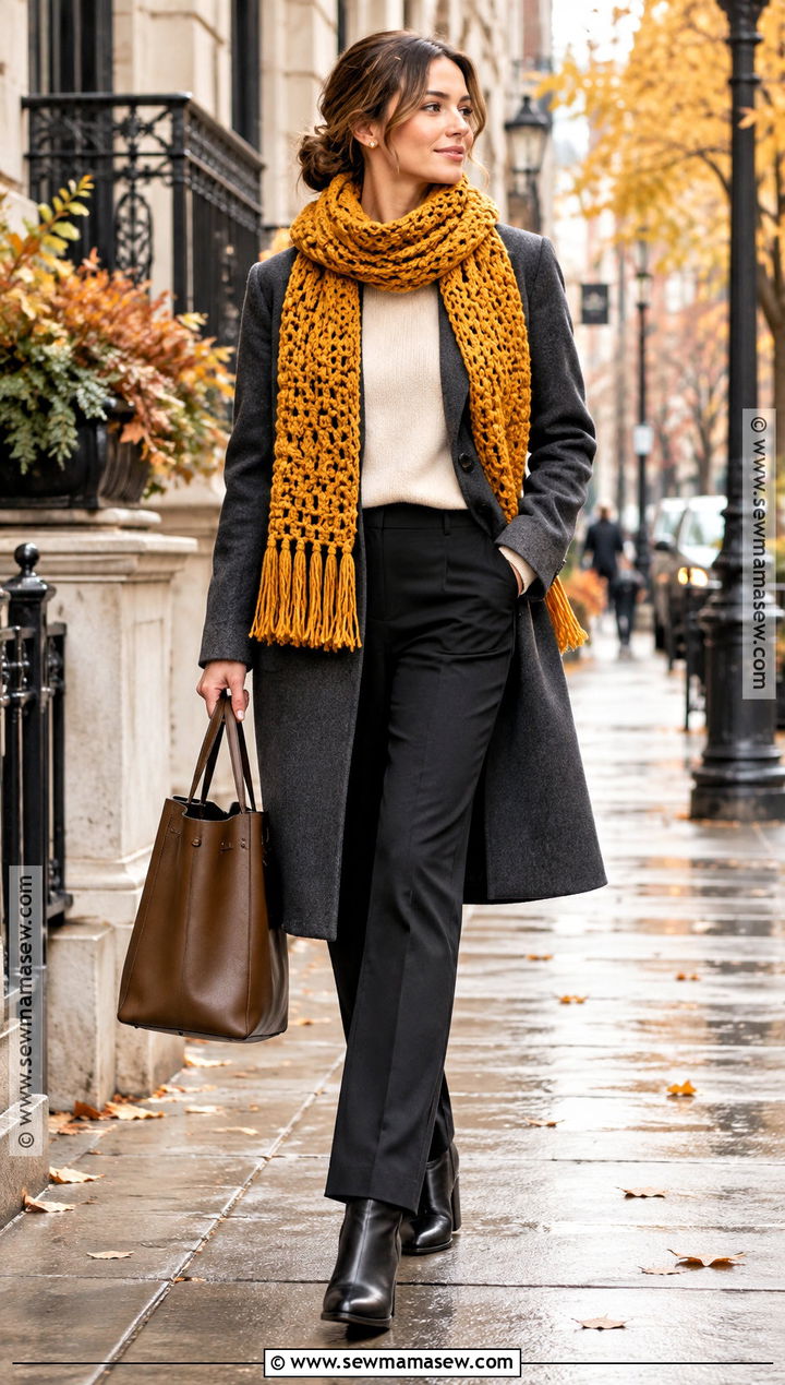 Yellow Chunky Crochet Scarf With Wool Coat - 15 autumn yellow crochet scarf ideas