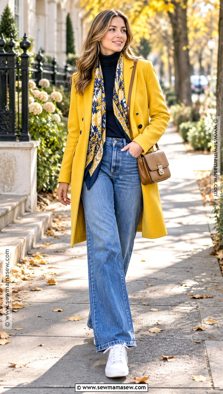Yellow Coat and Wide Leg Jeans Fall Street Style Outfit - 15 Colorful Fall Street Style Ideas