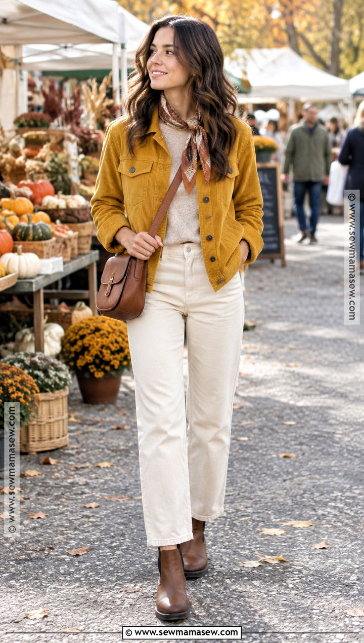Yellow Corduroy Jacket With Cream Pants - 15 Yellow Fall Outfit Ideas
