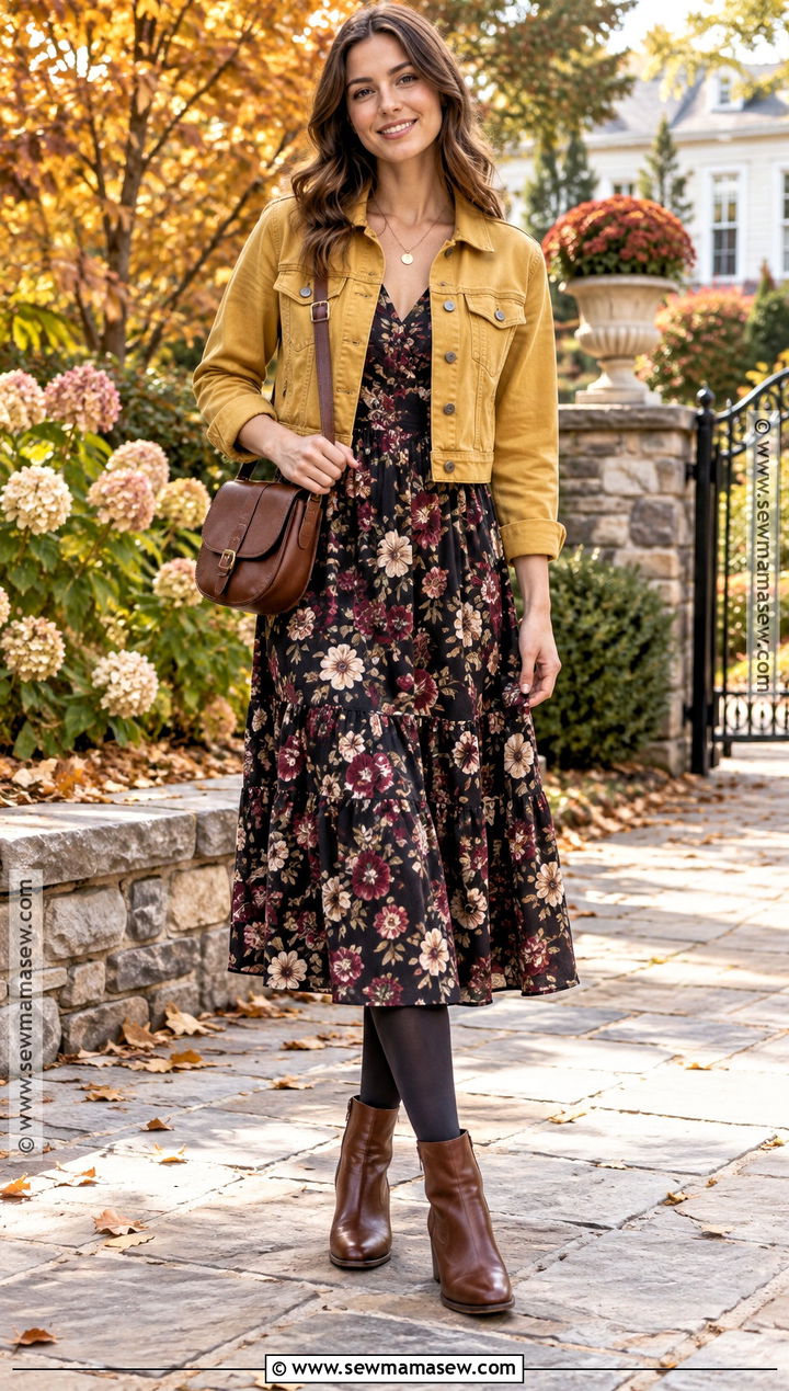 Yellow Denim Jacket With a Floral Dress - 20 Yellow Fall Outfits