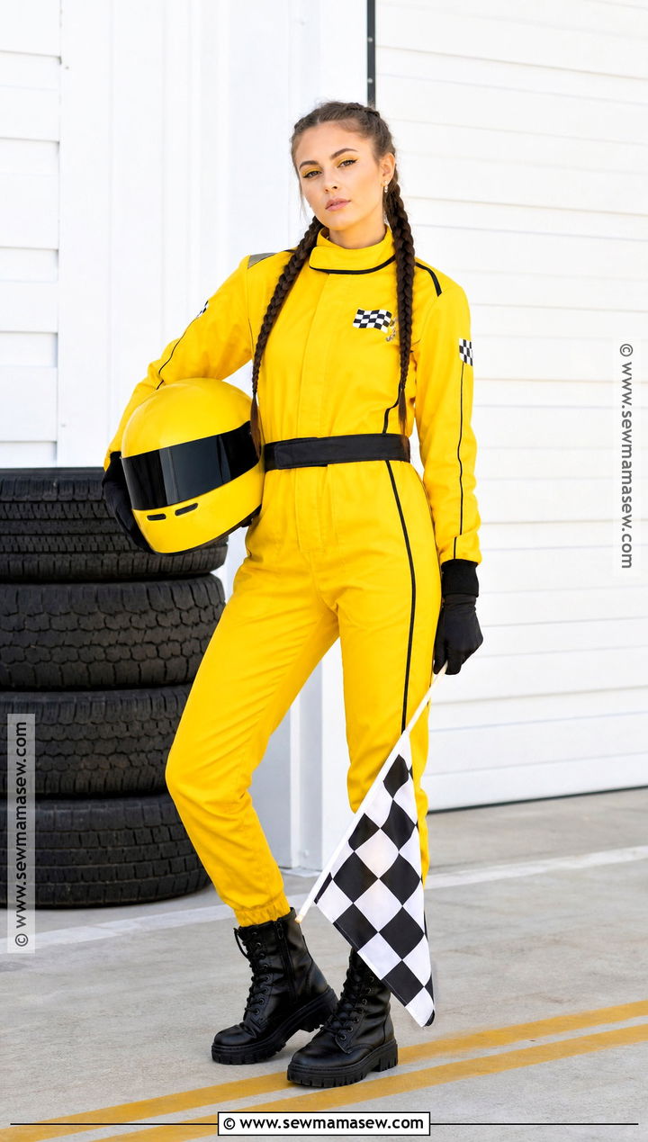Yellow F1 Driver Costume With Checkered Flag - 30 F1 Driver Costume Ideas for Women
