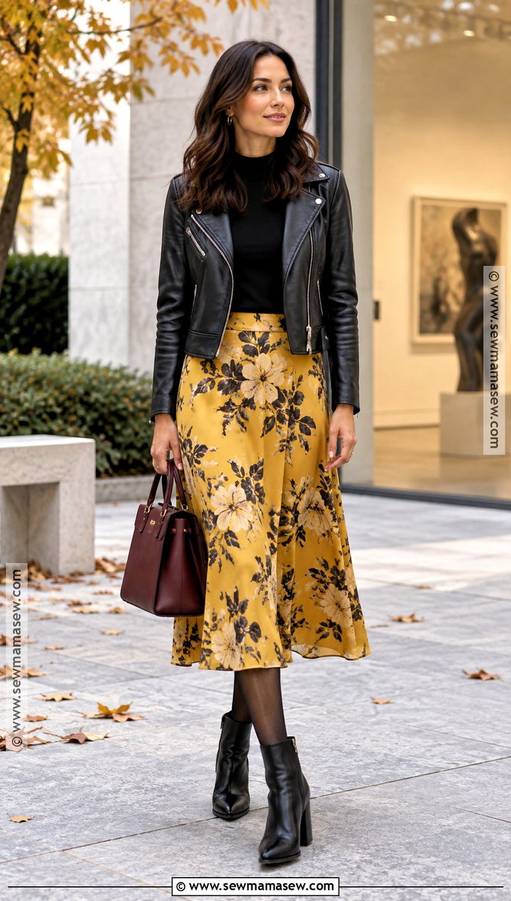 Yellow Floral Skirt With Leather Jacket - 15 Yellow Skirt Fall Ideas