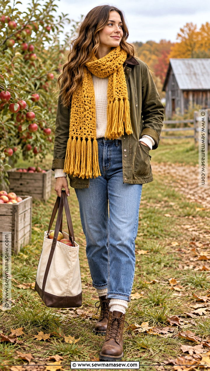 Yellow Fringed Crochet Scarf With Barn Jacket - 15 autumn yellow crochet scarf ideas