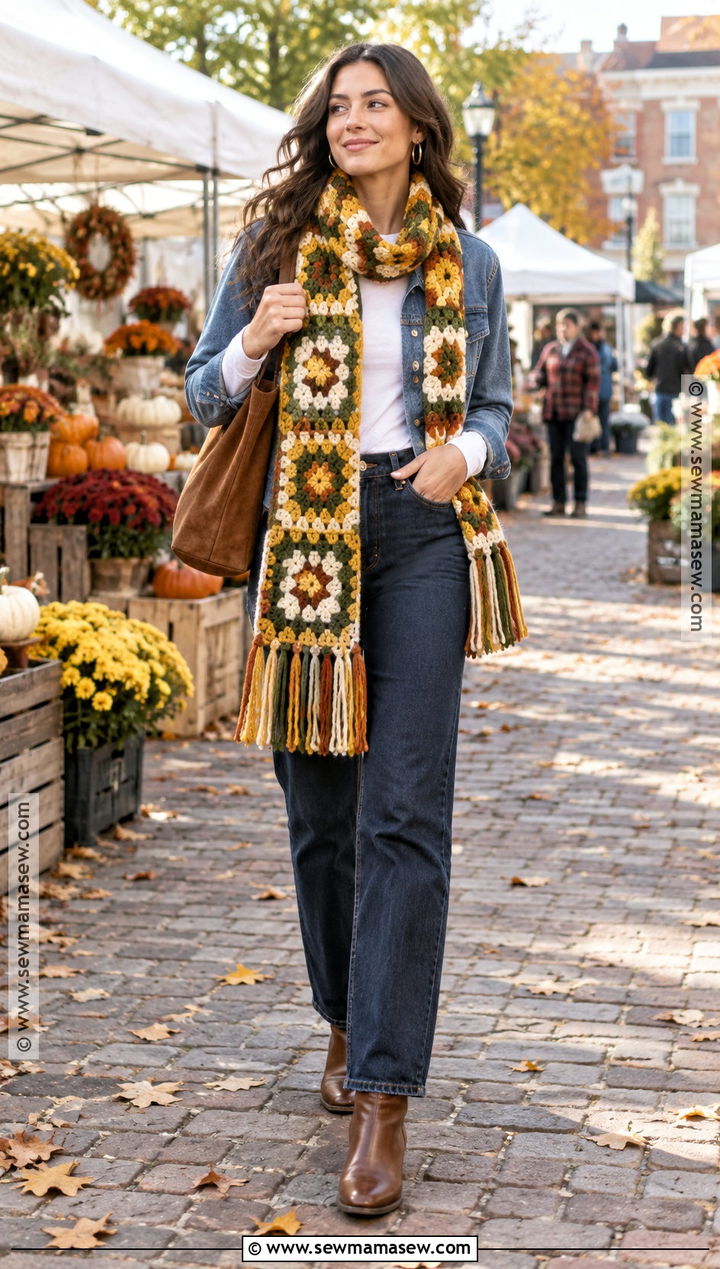 Yellow Granny Square Crochet Scarf With Denim Jacket - 15 autumn yellow crochet scarf ideas