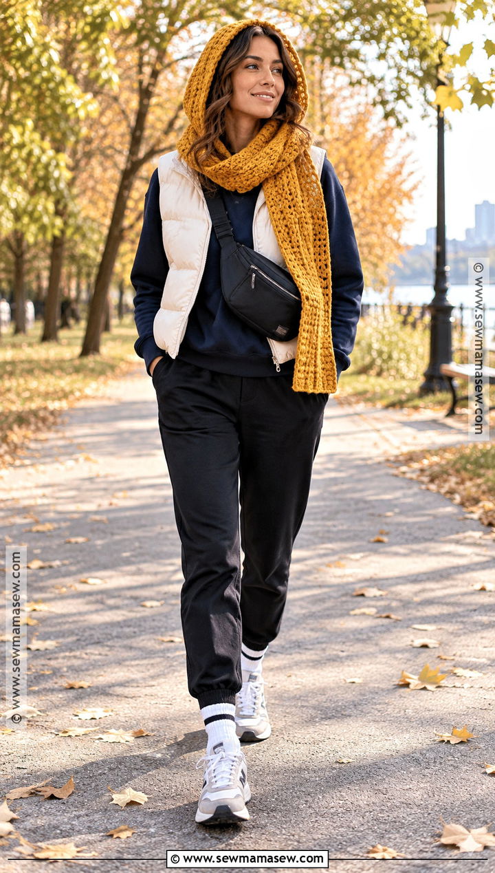 Yellow Hooded Crochet Scarf With Puffer Vest - 15 autumn yellow crochet scarf ideas