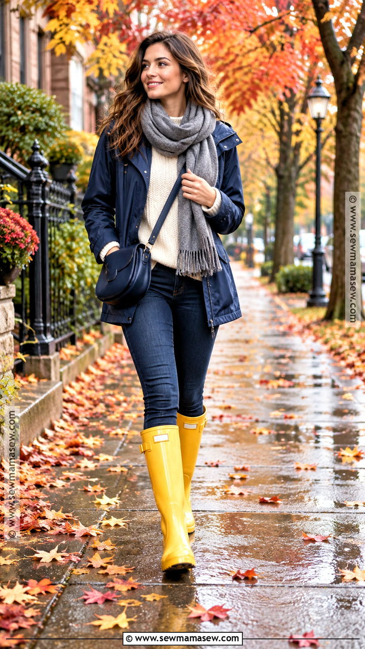 Yellow Hunter Rain Boots With Neutral Sweater And Jeans - 20 hunter rainboots outfit fall ideas