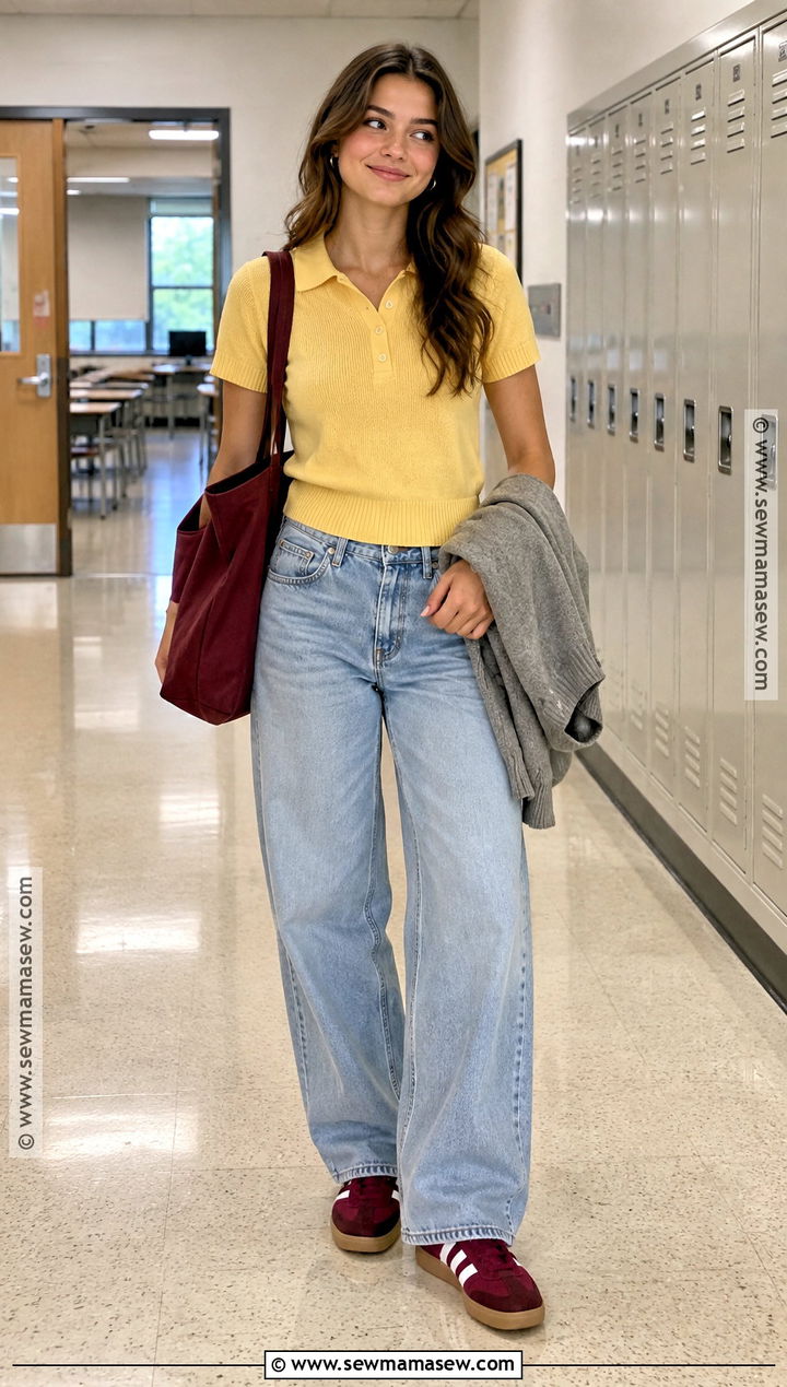 Yellow Knit Polo And Barrel Jeans Back To School Outfit - 15 Colorful Back To School Outfits