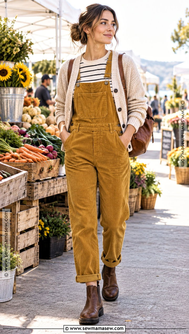 Yellow Overalls With a Striped Top - 20 Yellow Fall Outfits