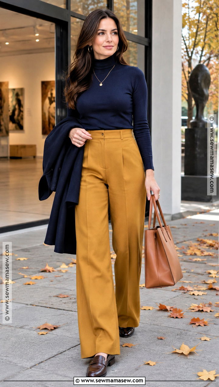 Yellow Pants With Navy Sweater - 15 Yellow Fall Outfit Ideas