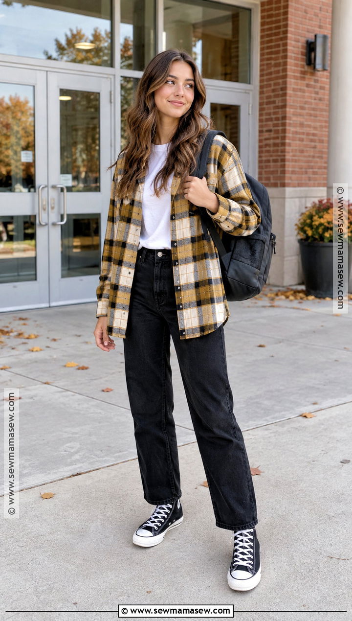 Yellow Plaid Overshirt And Black Jeans Outfit - 15 yellow back to school outfits