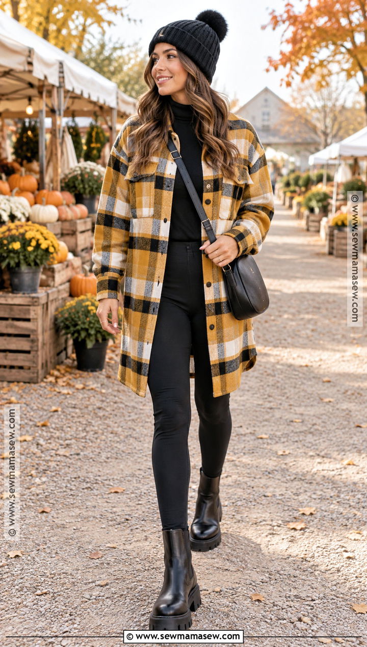 Yellow Plaid Shacket With Black Leggings - 15 Yellow Fall Outfit Ideas