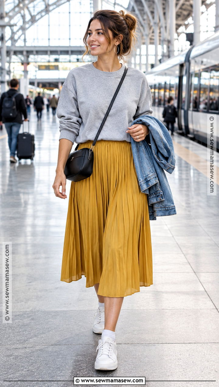 Yellow Pleated Skirt With Sweatshirt And Sneakers - 15 Yellow Skirt Fall Ideas