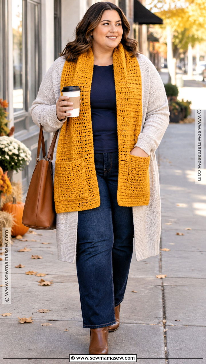 Yellow Pocket Crochet Scarf With Long Cardigan - 15 autumn yellow crochet scarf ideas