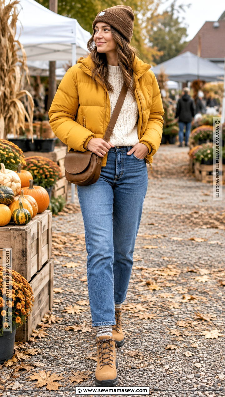 Yellow Puffer Jacket With Straight Leg Jeans - 15 yellow fall fashion ideas