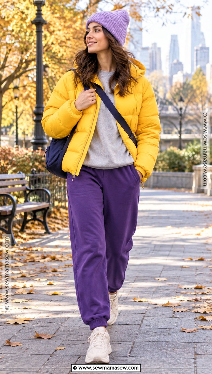 Yellow Puffer Jacket and Purple Joggers Autumn Outfit - 25 colourful autumn outfits