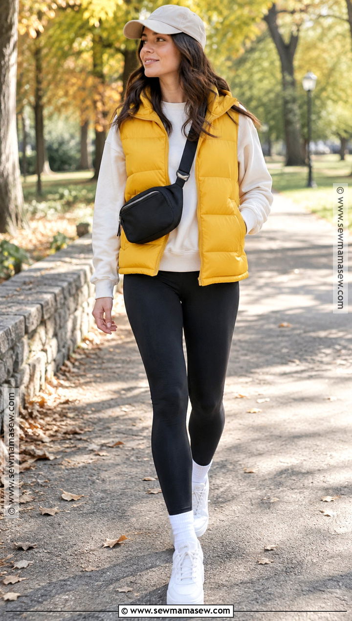 Yellow Puffer Vest With Leggings - 20 Yellow Fall Outfits