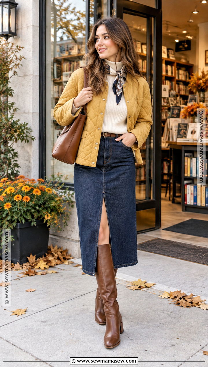 Yellow Quilted Jacket With Denim Midi Skirt - 15 autumn yellow jacket ideas