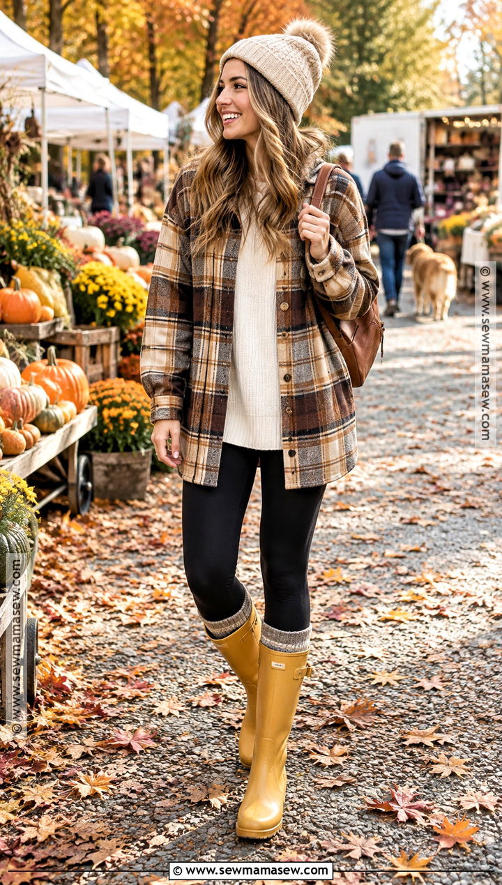 Yellow Rain Boots Outfit With Shacket And Leggings - 25 rain boots outfit fall