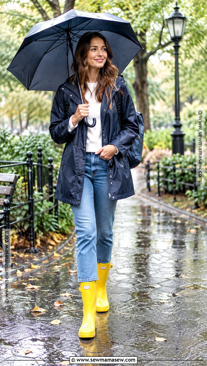 Yellow Rain Boots With Jeans And Navy Raincoat - 15 rain boot outfit fall ideas