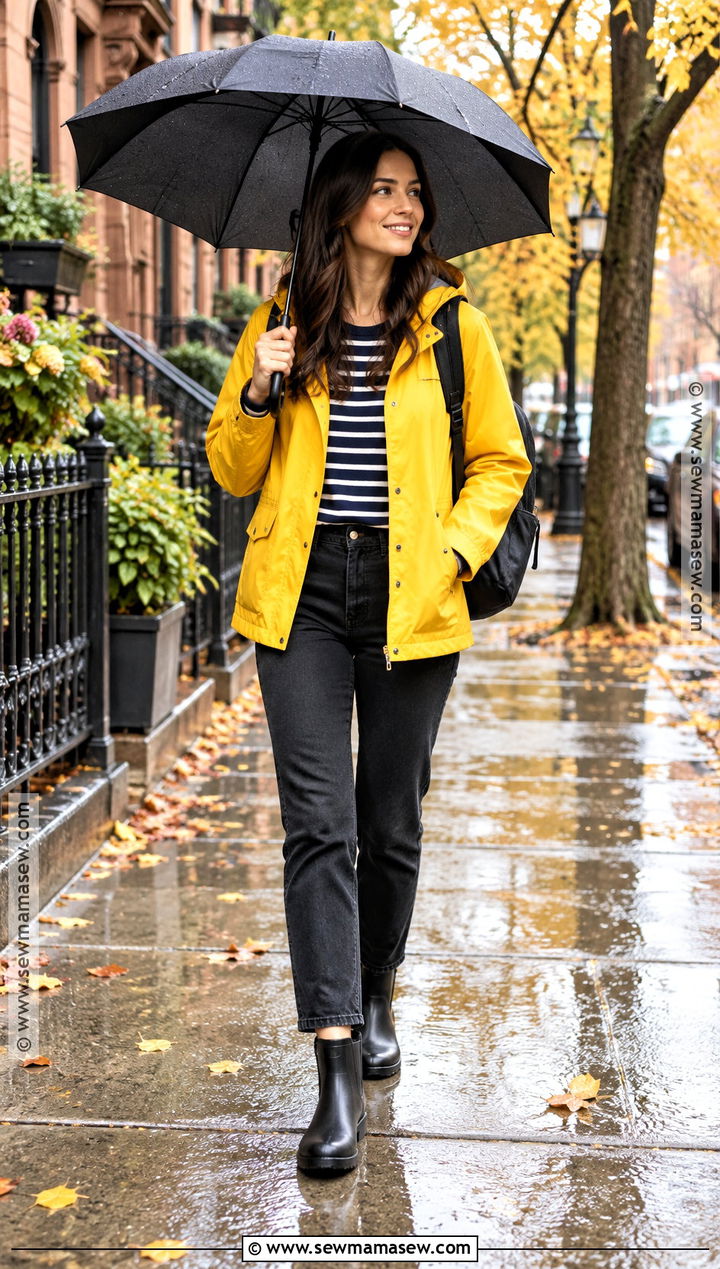 Yellow Rain Jacket And Black Jeans Fall Outfit - 20 fall outfits rainy day