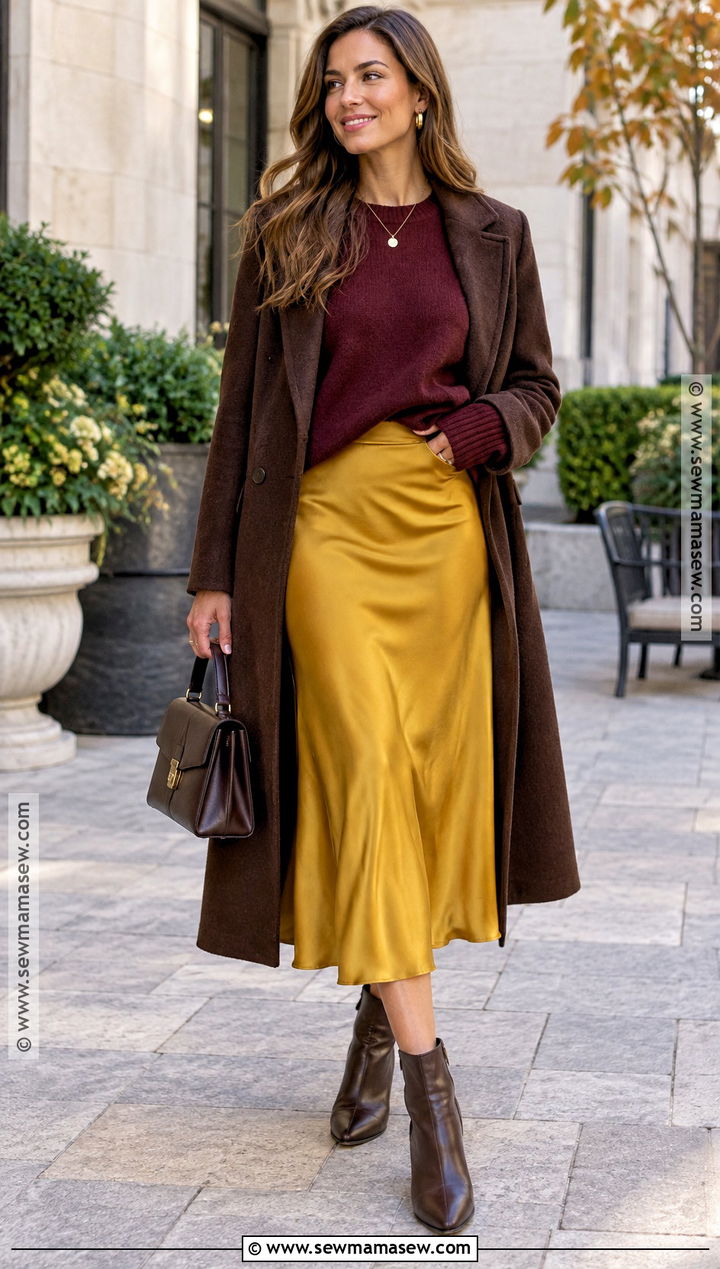 Yellow Satin Skirt With Burgundy Sweater - 15 Yellow Skirt Fall Ideas
