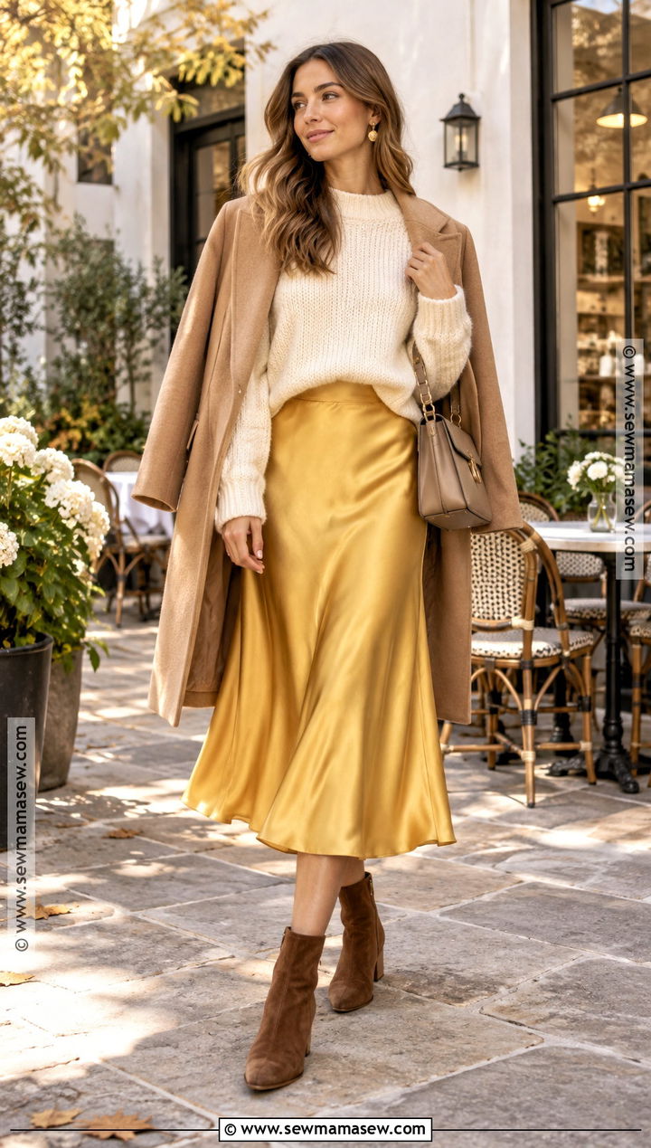 Yellow Satin Skirt With a Chunky Sweater - 20 Yellow Fall Outfits