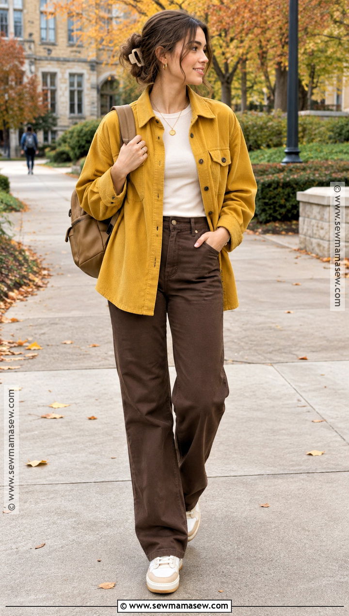 Yellow Shacket And Brown Trousers Outfit - 15 yellow back to school outfits