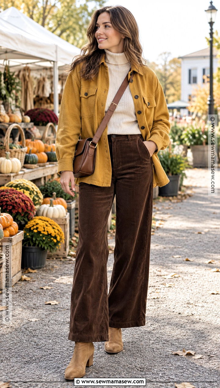 Yellow Shacket With Corduroy Pants - 20 Yellow Fall Outfits
