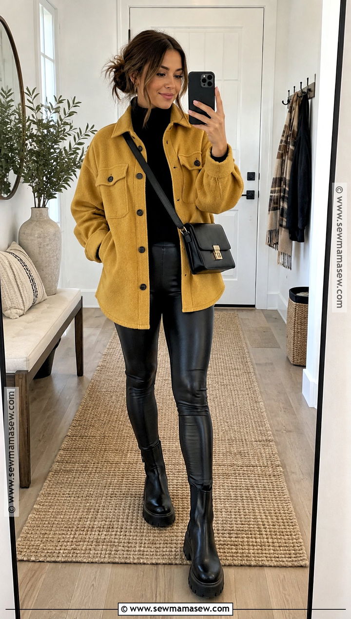 Yellow Shacket With Faux Leather Leggings - 15 autumn yellow jacket ideas
