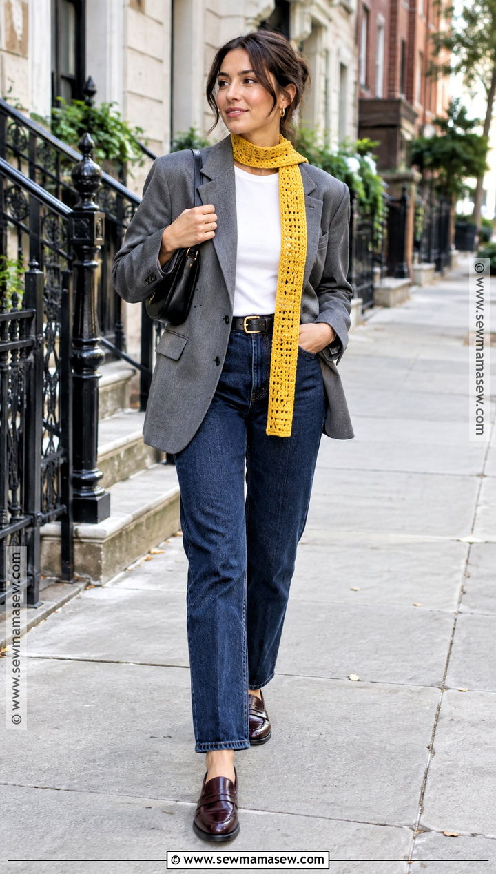 Yellow Skinny Crochet Scarf With Oversized Blazer - 15 autumn yellow crochet scarf ideas