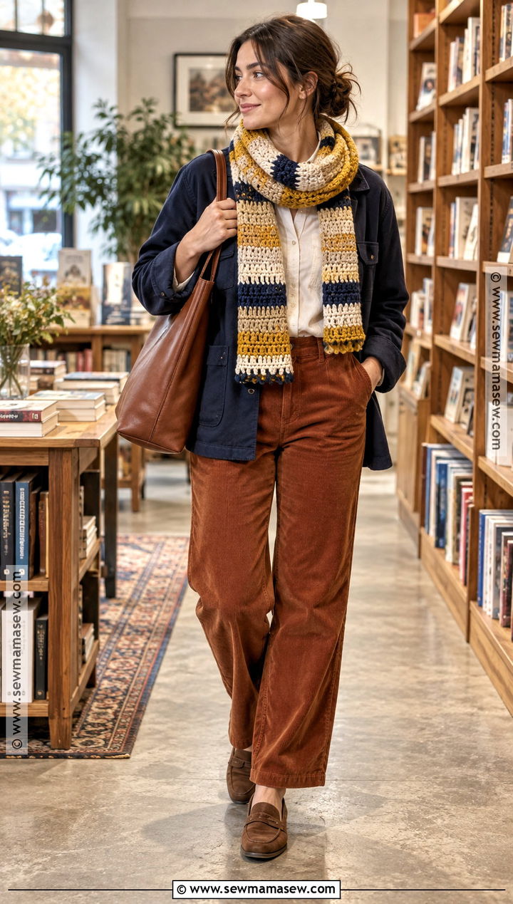 Yellow Striped Crochet Scarf With Corduroy Pants - 15 autumn yellow crochet scarf ideas