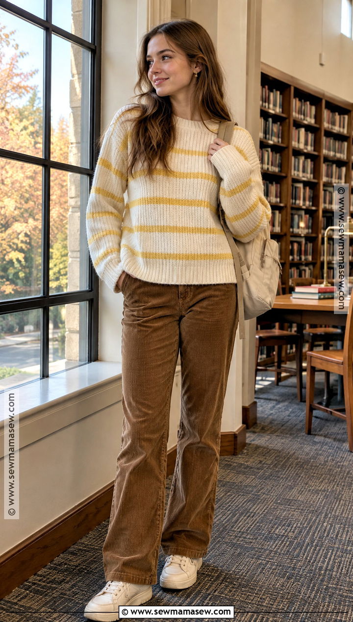 Yellow Striped Sweater And Corduroy Pants Outfit - 15 yellow back to school outfits