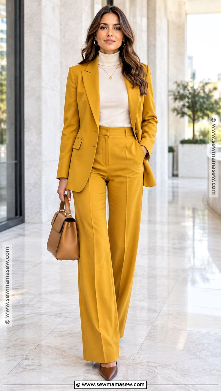 Yellow Suit With a Neutral Turtleneck - 20 Yellow Fall Outfits