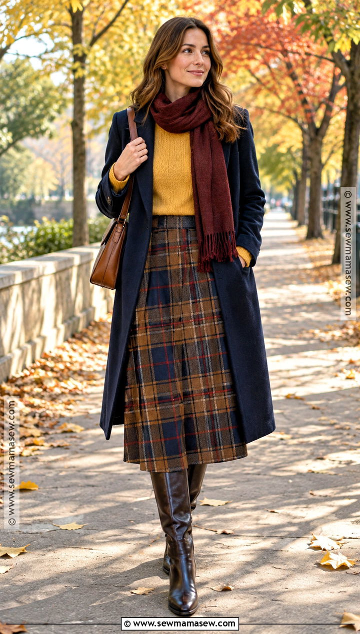 Yellow Sweater And Plaid Skirt Fall Outfit - 15 colorful fall fashion ensemble ideas