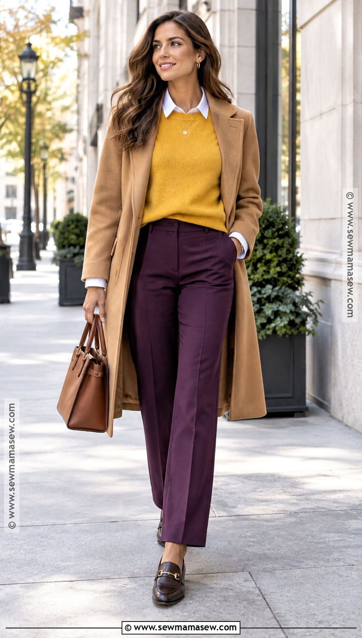 Yellow Sweater And Purple Pants Fall Outfit - 25 Colorful Fall Outfits
